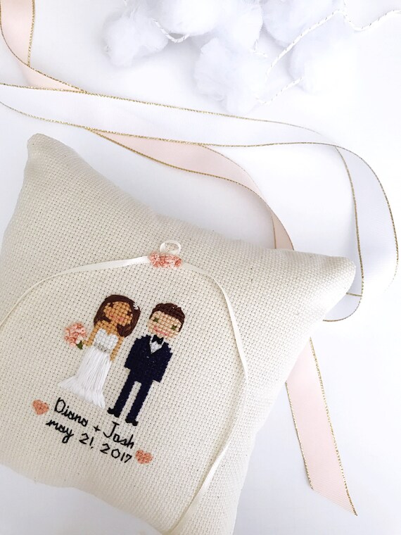 Ring Pillow Cross Stitch Wedding Portrait Custom Cross Etsy