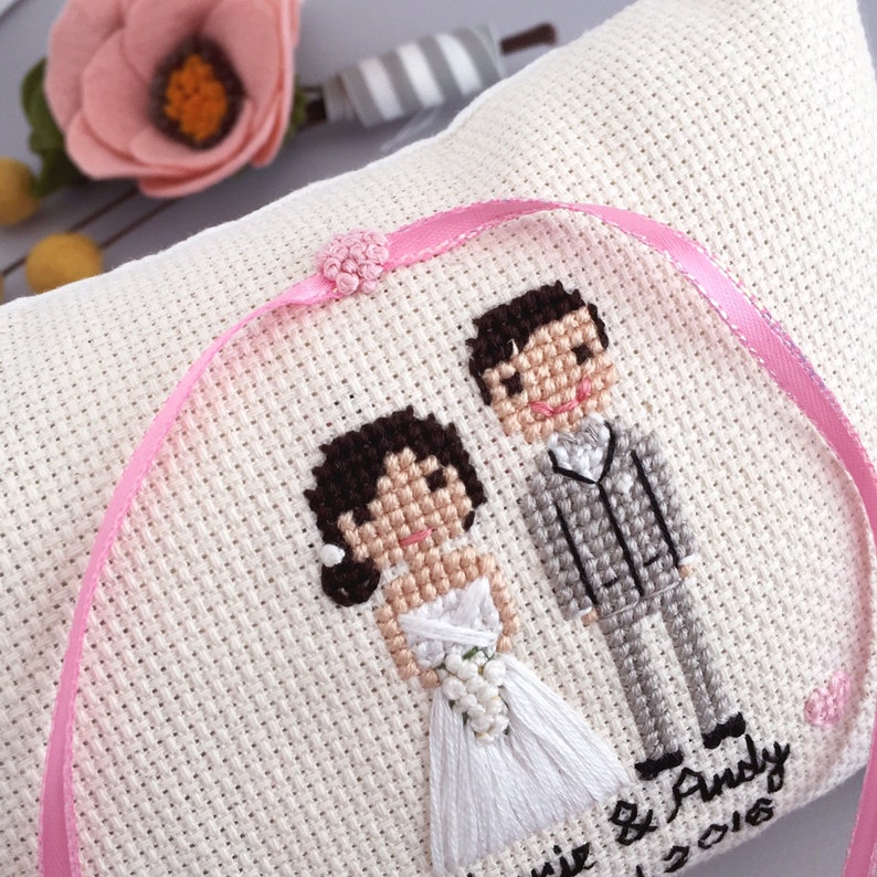 Ring Pillow Cross Stitch Wedding Portrait Custom Cross Etsy