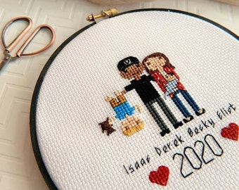 Custom 3 Character Cross Stitch Family Portrait | Housewarming Gift | Custom Portrait |Custom Cross Stitch |by Cloth and Twig