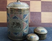 Vintage Indian Brass Nesting Spice Tins With Ornate Elephant Decoration. Vintage Indian Brass Ornate Nesting Spice Tea Caddy Spice Tins.