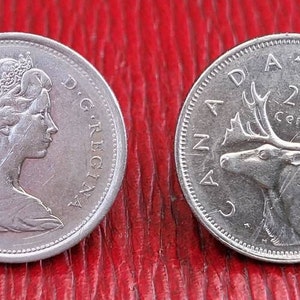 Two Vintage Canada Quarters - 1969 And 1975. Two Vintage Canada 25 Cents Coins 1960&#39;s and 1970&#39;s .