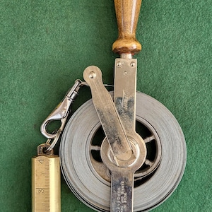 Vintage Lufkin 50 Ft Oil Gauging Tape. Vintage Lufkin, Barrie Canada, Steel Dipping Tape Measure With Large Brass 4 Inch Plumb Bob Weight.