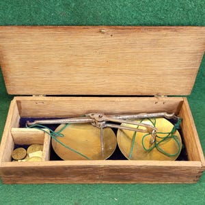 Very Nice Antique Victorian, Brass Apothecary Weighing Scales. Antique Brass Apothecary Scales And Victorian Weights In Original Wooden Case