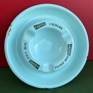 Vintage De Kuyper Enamel Ashtray. Vintage De Kuyper Oude Jenever, De Kuyper Dry Gin and De Kuyper Liqueurs Blue Enamel Advertising Ashtray.