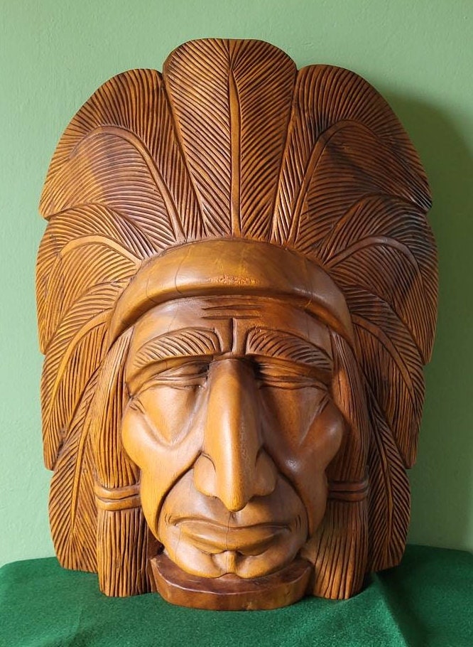 A Fantastic Vintage Hand Carved American Indian Head Statue