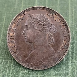Antique Copper English Farthing Coin - 1881 Queen Victoria Farthing. Antique British Farthing Coin Dated 1881.