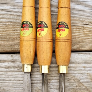 Set Of Vintage Wolf Cub No. 7 Set of wood turning Chisels. 1960's Wood Turning Tools - Wolf Cub No 7 - Skew chisel, Gouge, and Parting tool.