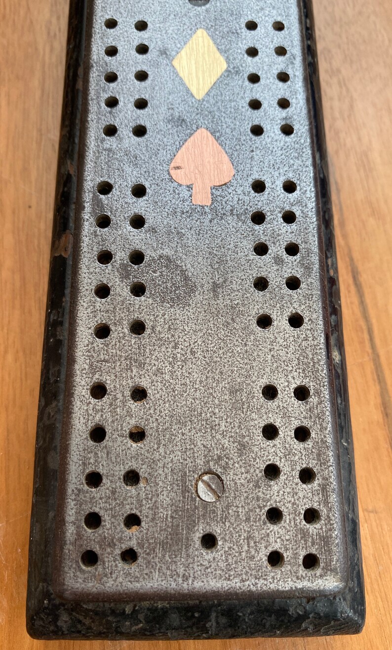 Vintage Wood And Metal Cribbage Board With Inlaid Suits. Old Etsy