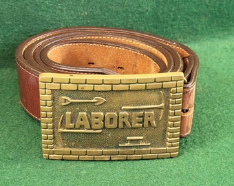 Vintage Baron Belt Buckle No 6027 - Laborer. Vintage 1978 Laborer Solid Brass Baron Belt Buckle With Brown Belt. Vintage Laborer Belt Buckle