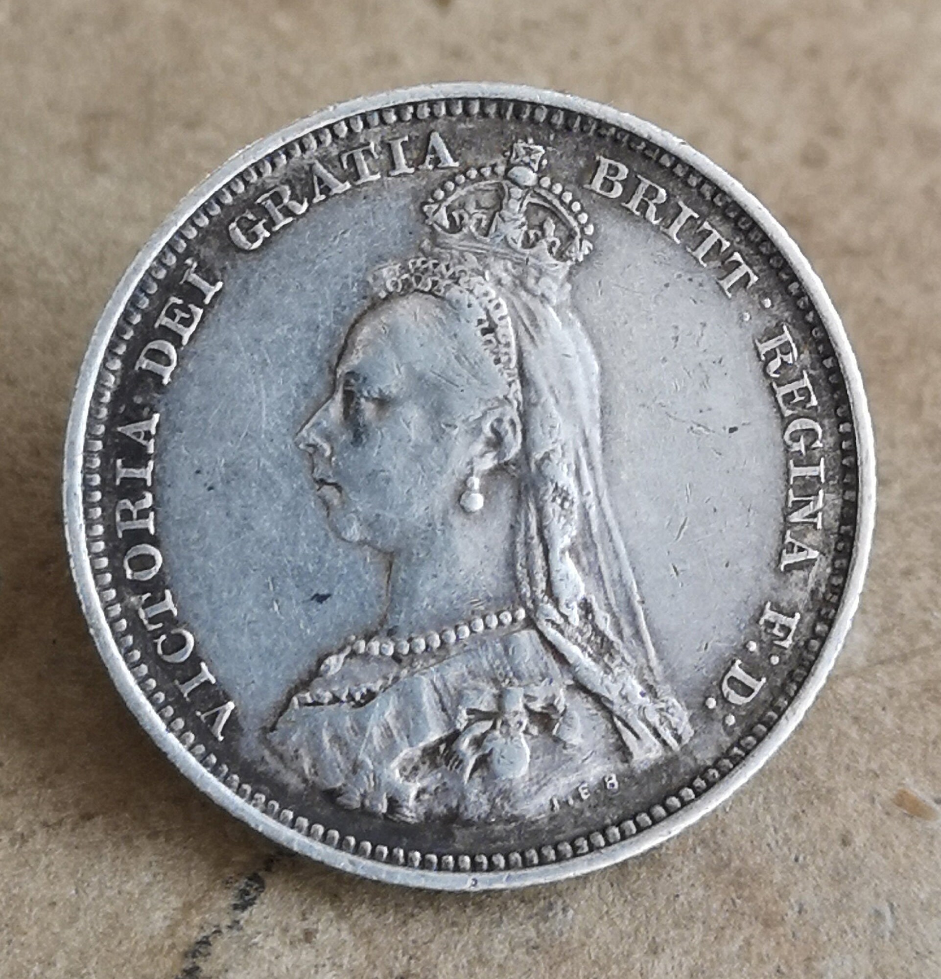 Image of 1887 Queen Victoria Silver Shilling Coin. Jubilee | Jeb Head Shilling. Victorian Old English