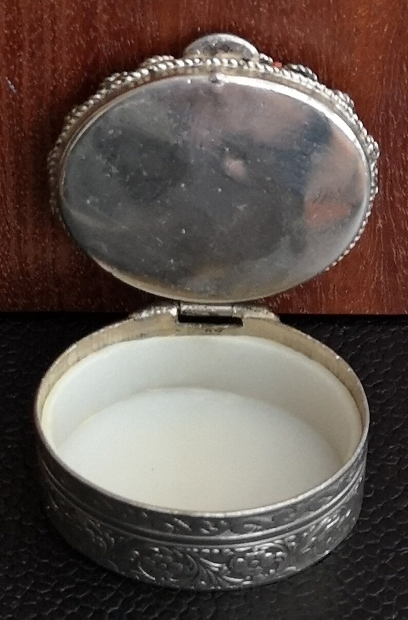 Vintage Small Metal Murano Style Pill Or Trinket Pot Floral Murano Style Pill Pot With Floral Tesserae Decoration To Lid.