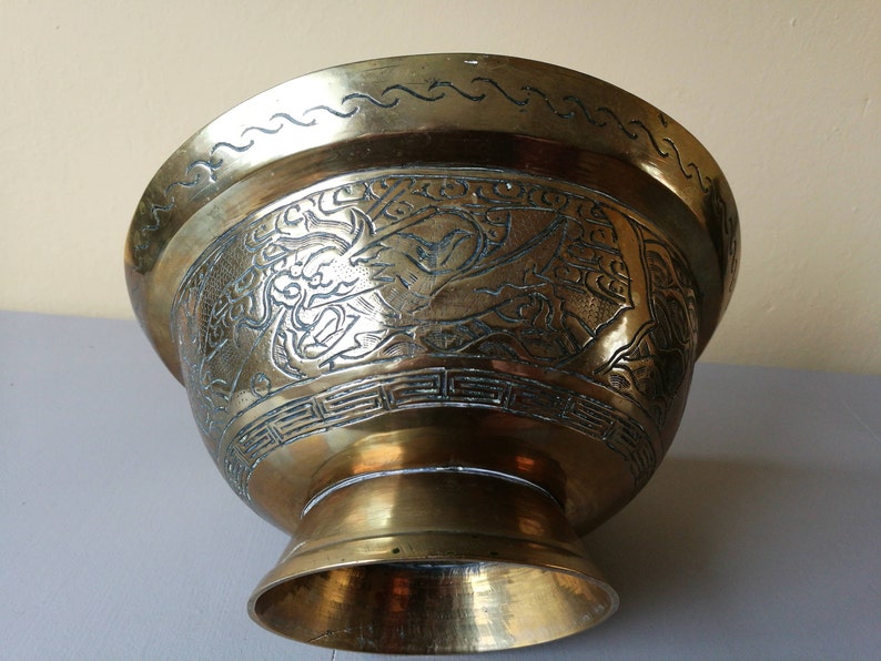 Large Vintage Brass Chinese Bowl With Traditional Chinese And Etsy