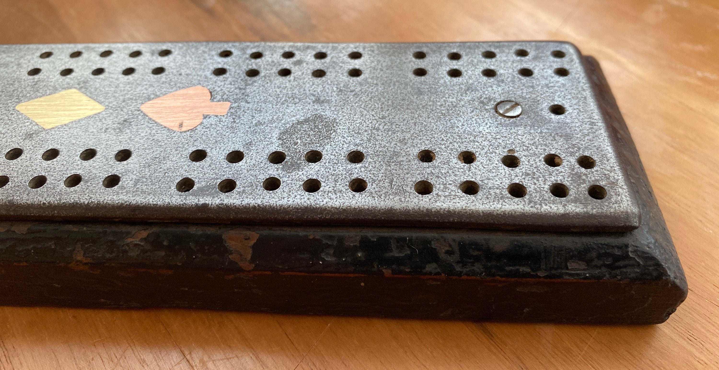 Vintage Wood and Metal Cribbage Board With Inlaid Suits. Old Etsy