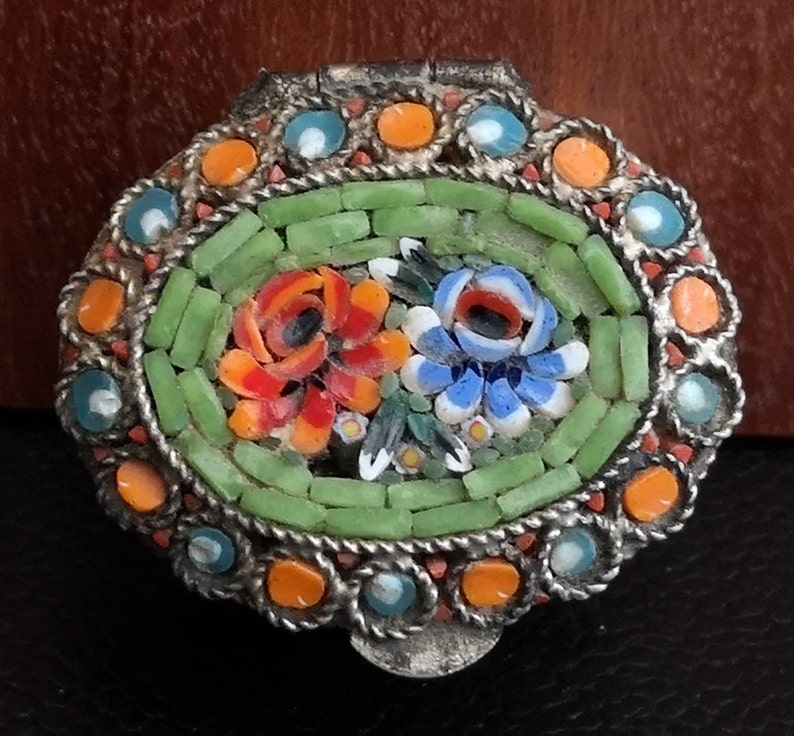 Vintage Small Metal Murano Style Pill Or Trinket Pot Floral Murano Style Pill Pot With Floral Tesserae Decoration To Lid.