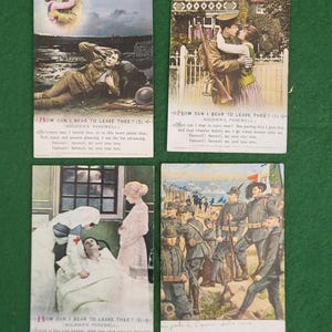 Peut inclure: Ensemble de quatre cartes postales vintage avec illustrations et texte. Les cartes postales représentent des scènes de soldats et de leurs proches, avec des titres tels que "How Can I Bear to Leave Thee ?" et "Soldier's Farewell." Les images présentent des couples, des infirmières et des soldats.