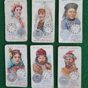 Antieke (1906) sigarettenkaarten - Zes tijd en geld in verschillende landen Will's sigarettenkaarten.