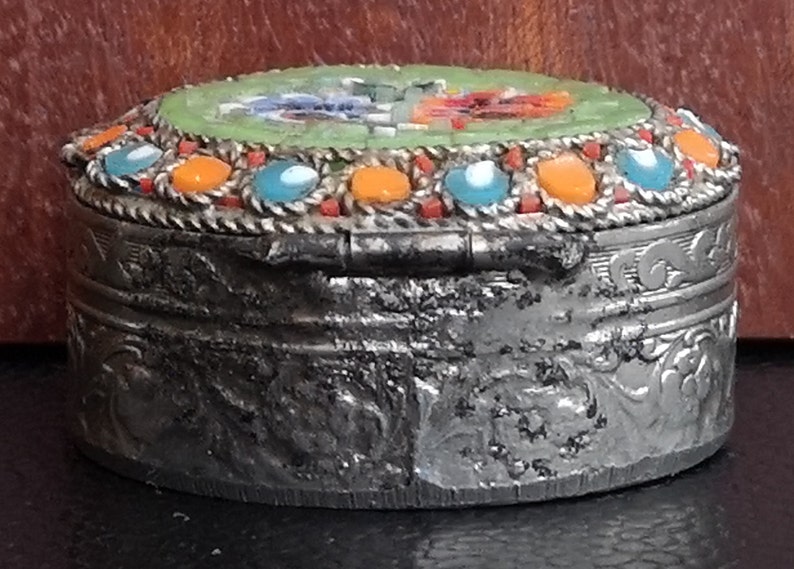 Vintage Small Metal Murano Style Pill Or Trinket Pot Floral Murano Style Pill Pot With Floral Tesserae Decoration To Lid.
