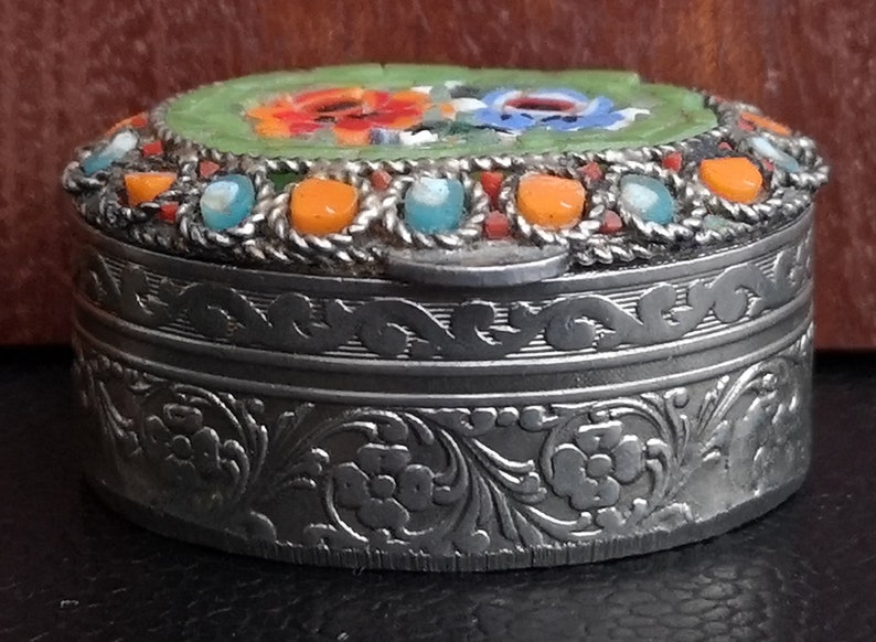 Vintage Small Metal Murano Style Pill Or Trinket Pot Floral Murano Style Pill Pot With Floral Tesserae Decoration To Lid.