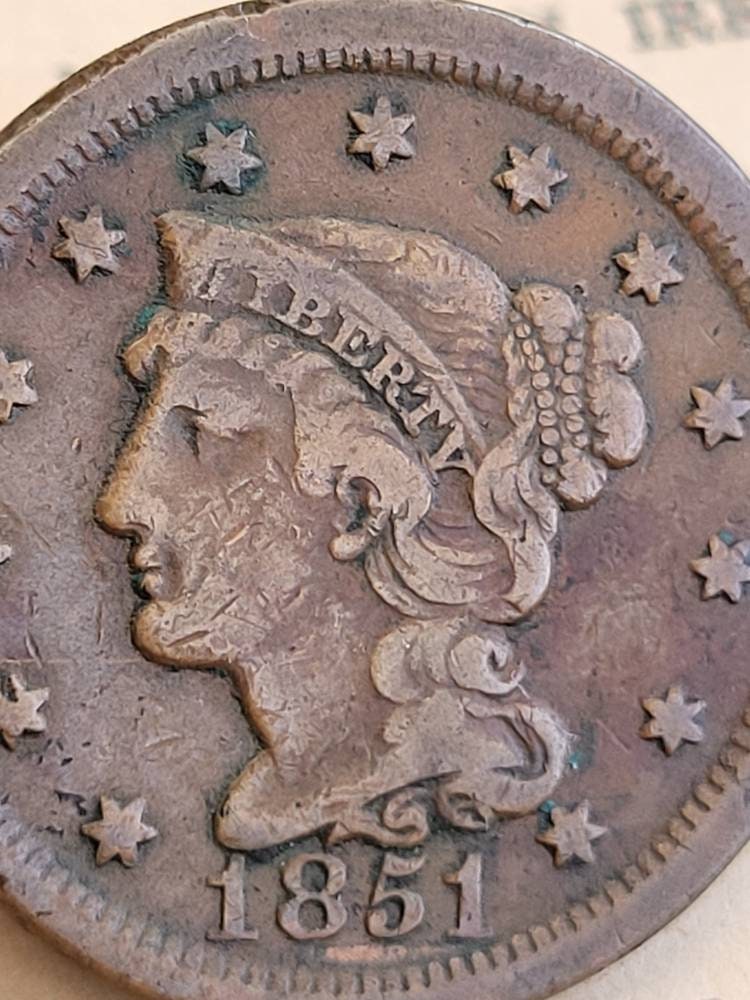 アメリカアンティークコイン 1851 年アメリカ大型 1 セント。1851 年リバティ ヘッド 1