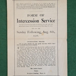 Scarce Antique WWI Leaflet Form Of Intercession Service. 1916 WWI Form Of Intercession Leaflet Service Dated Aug 1916.