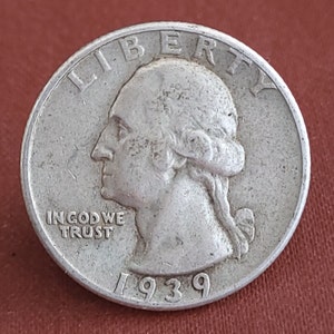 1939 Quarter. 1939 USA Quarter Dollar. 1939 Washington Quarter. Vintage 1939 USA 25 Cents.