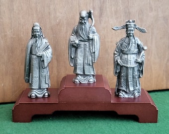 Vintage Fú Lù Shòu Pewter Statues. Vintage The Sanxing Fu, Lu And Shou 97% SN Pewter Statues With Base. Fūk Luhk Sauh or Cai, Zi And Shou.