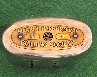 Antique Market Harborough Building Society Metal Coin Bank - Market Harborough History.