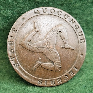 1831 Isle Of Man Halfpenny Token. I.O.M Halfpenny. Isle Of Man Triskelion Bank Token. Quocunque Jeceris Stabit I.O.M Halfpenny Bank Token.
