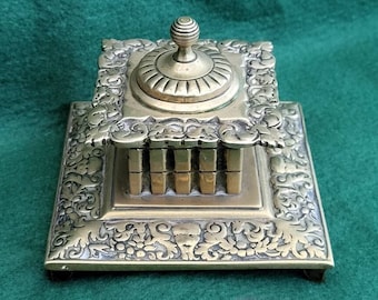 Antique Brass Inkwell. Victorian Brass Lidded Inkwell. Brass Victorian Desk Top Inkwell. Victorian Desk Furniture - Ornate Brass Inkwell.