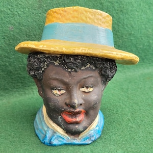 Antique Figural Tobacco Jar. Antique Male Bust Tobacco Jar With Straw Hat Lid.