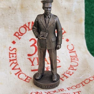 Vintage Royal Mail/Post Office Memorabilia. Vintage 350 Years Of Royal Mail, Pewter Postman Figure In Original Canvas Sack.