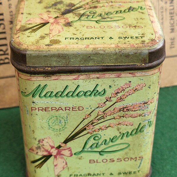 Rare Antique Tin - Maddocks' Lavendar Blossoms Tin. Antique Maddocks' Prepared Lavendar Blossoms Tin - Pot-Pourri - Lavendar Bags & Sachets