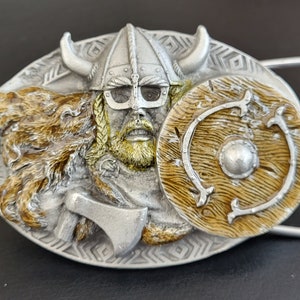 Very Nice Vintage Pewter Viking Belt Buckle - Vintage Pewter Belt Buckle Showing Viking Warrior - By Bulldog Bucckle Co - Made In England.