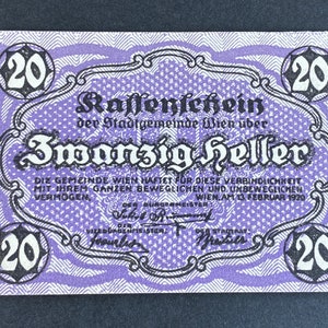 1920 Zwanzig Heller Notgeld. 1920 Austria 20 Heller Notgeld. Antique Vienna Zwanzig Heller Emergency Money 1920.