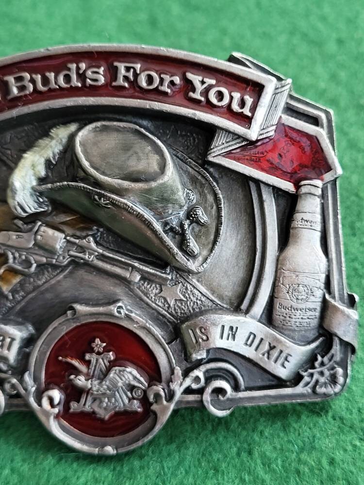 This Bud's For You Whose Heart Is In Dixie Accessories Belts & Braces Belt Buckles Vintage Pewter and Enamel Budweiser Belt Buckle. Vintage Budweiser Belt Buckle Bergamot F-175 