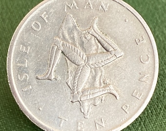 Vintage Isle Of Man Coin. 1976 Isle Of Man 10 Pence Coin. I.O.M 1976 10 Pence Coin Showing Triskelion Over Isle Of Man Map.
