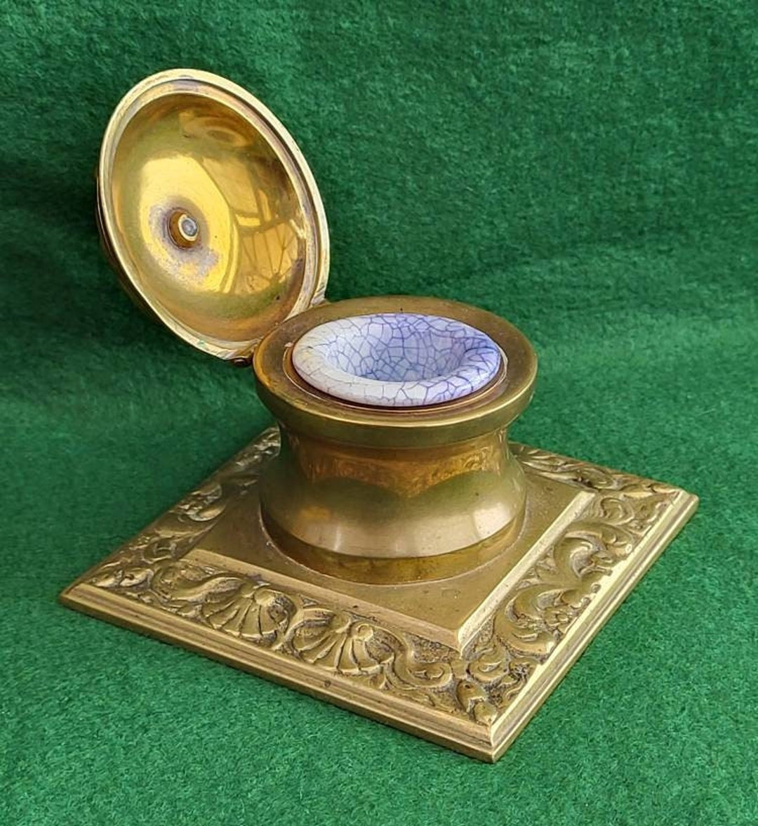 Antique Brass Inkwell. Victorian Brass Lidded Inkwell. Brass Victorian ...