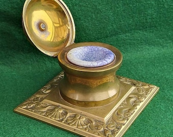 Antique Brass Inkwell. Victorian Brass Lidded Inkwell. Brass Victorian Desk Top Inkwell. Victorian Desk Furniture - Ornate Brass Inkwell.