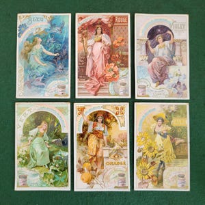 Antike Liebig Sammelkarten. Satz von sechs Liebig Farben der Regenbogen-Sammelkarten - Bleu, Rouge, Violet, Vert, Orange und Jaune - Französisch.