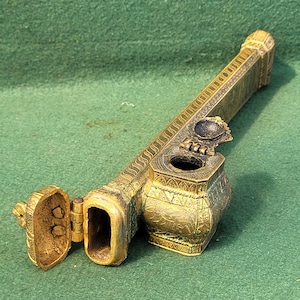 Antique Brass Travelling Inkwell With Dip Pen Holder. Antique Brass Divit Qalamdan. Antique Ornate Brass Qalamdan With Arabic Script.