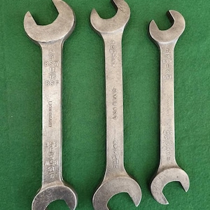Three Vintage &quot;Lion Brand&quot; Spanners. Three Vintage Lion Brand Spanners In BS, BSW And BSF Sizes. Old Lion Brand Imperial Spanners.