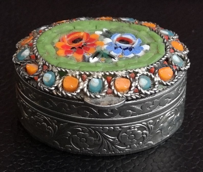 Vintage Small Metal Murano Style Pill Or Trinket Pot Floral Murano Style Pill Pot With Floral Tesserae Decoration To Lid.