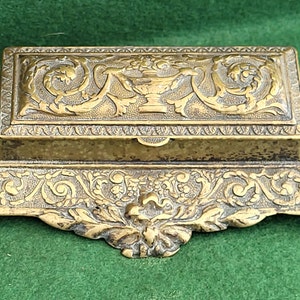 Vintage Brass Ornate Stamp Box With Art Nouveau Style Decoration To Lid And Base. Vintage Brass Stamp Box With Three Stamp Compartments.