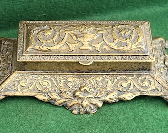 Vintage Brass Ornate Stamp Box With Art Nouveau Style Decoration To Lid And Base. Vintage Brass Stamp Box With Three Stamp Compartments.
