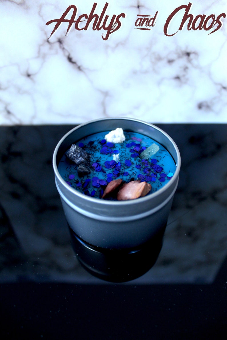 The River Lethe Candle Tin Pillar Cinnamon Crystal Marine Amber Scent Blue Black