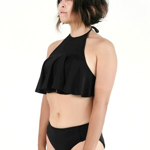 Ruffle Swim Top with Tie Back Black