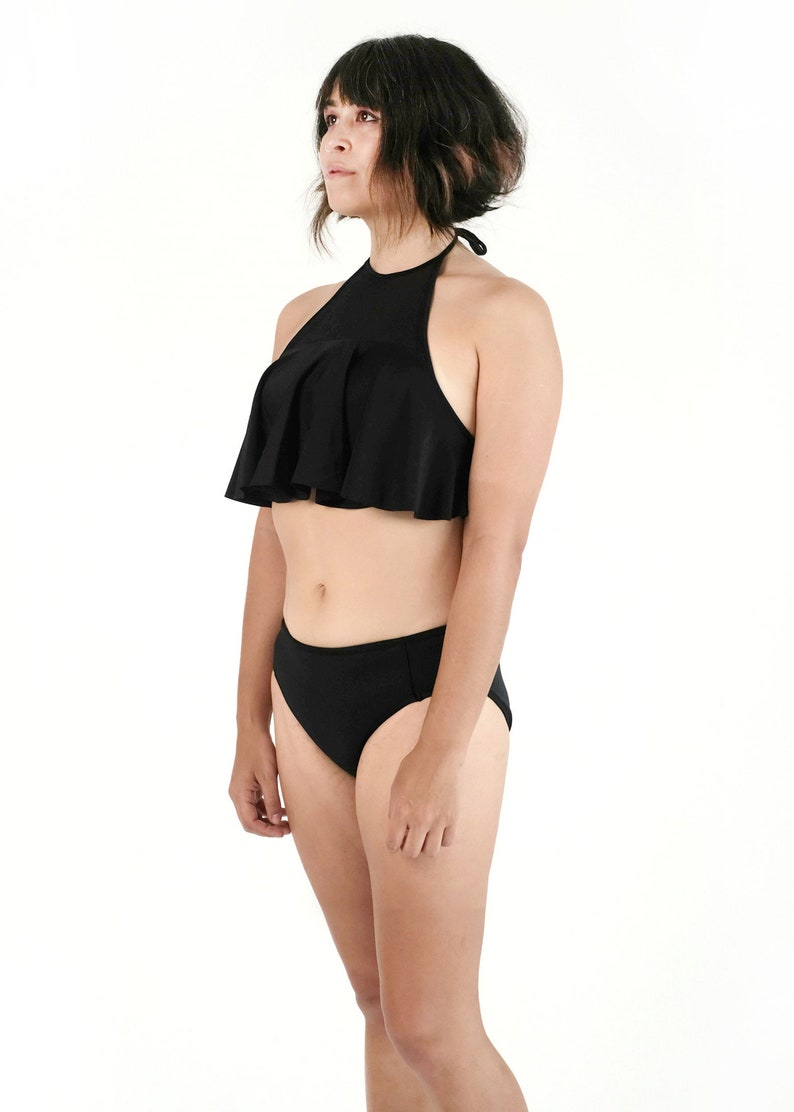 Ruffle Swim Top with Tie Back Black