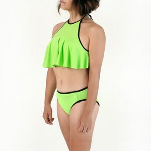 Ruffle Swim Top with Tie Back Neon Green