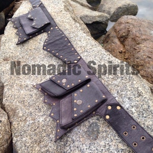 Black / brown / stone leather festival belt with studs and 5 pockets image 5