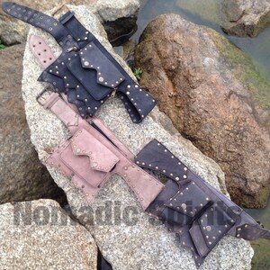 Black / brown / stone leather festival belt with studs and 5 pockets image 4